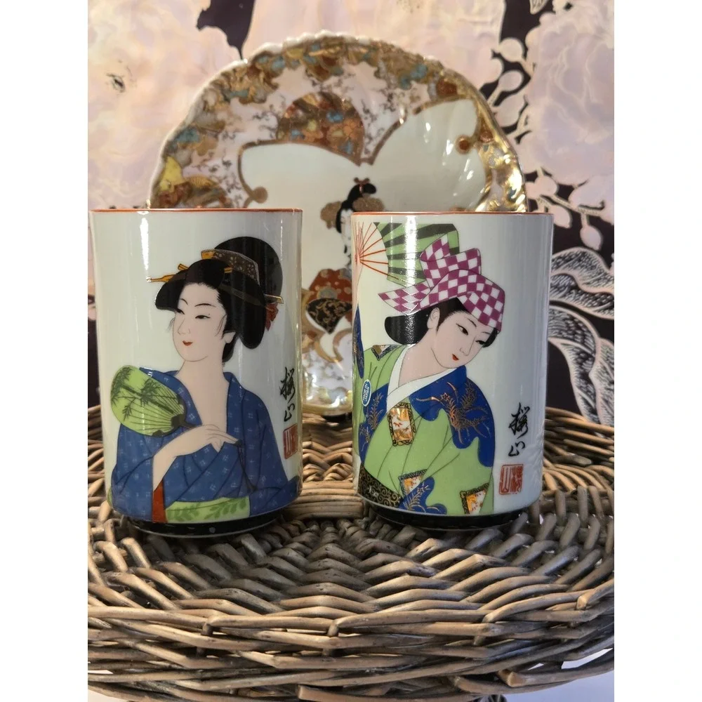 Vintage Japanese Geisha Tea Cups with Antique Japanese‎ Kutani Geisha Plate
